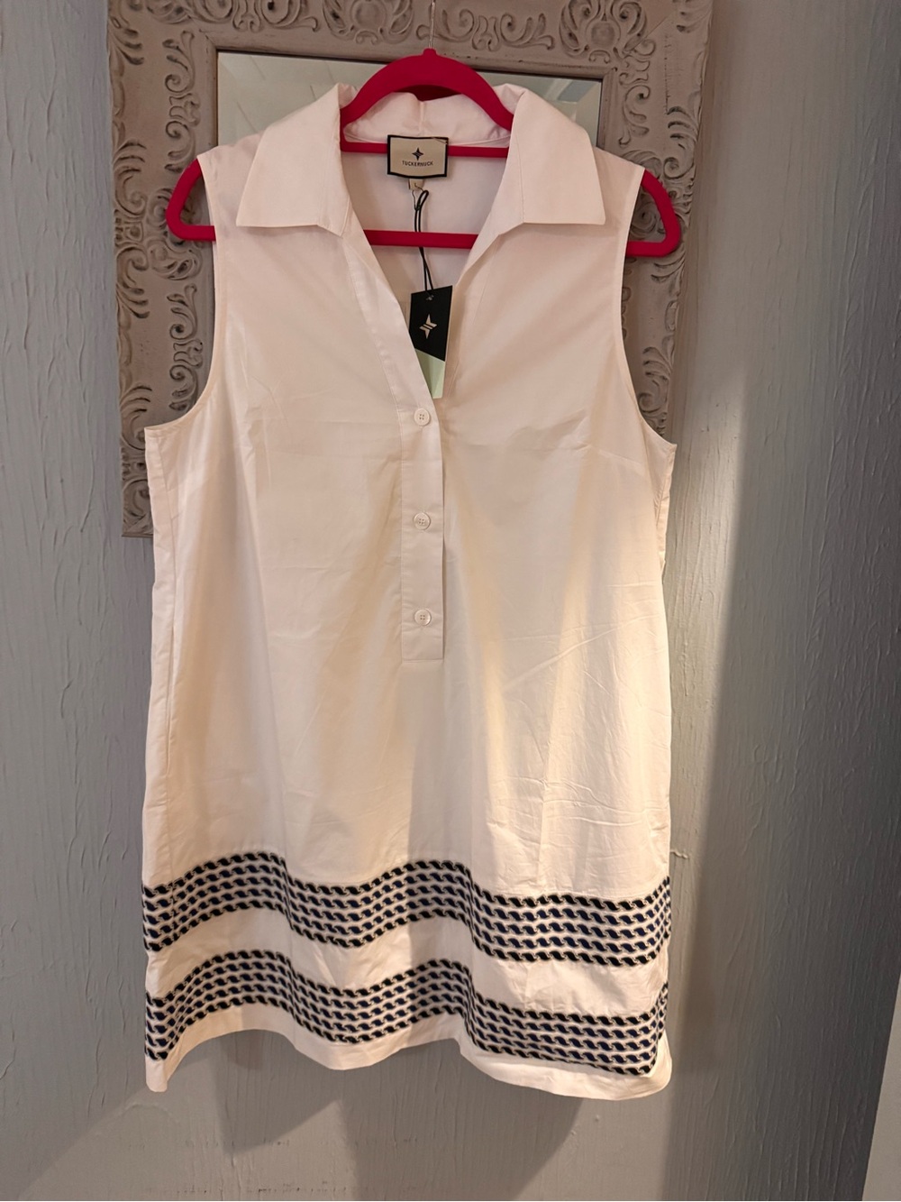 Tuckernuck White Sleeveless Collared Mini Dress with Navy Trim